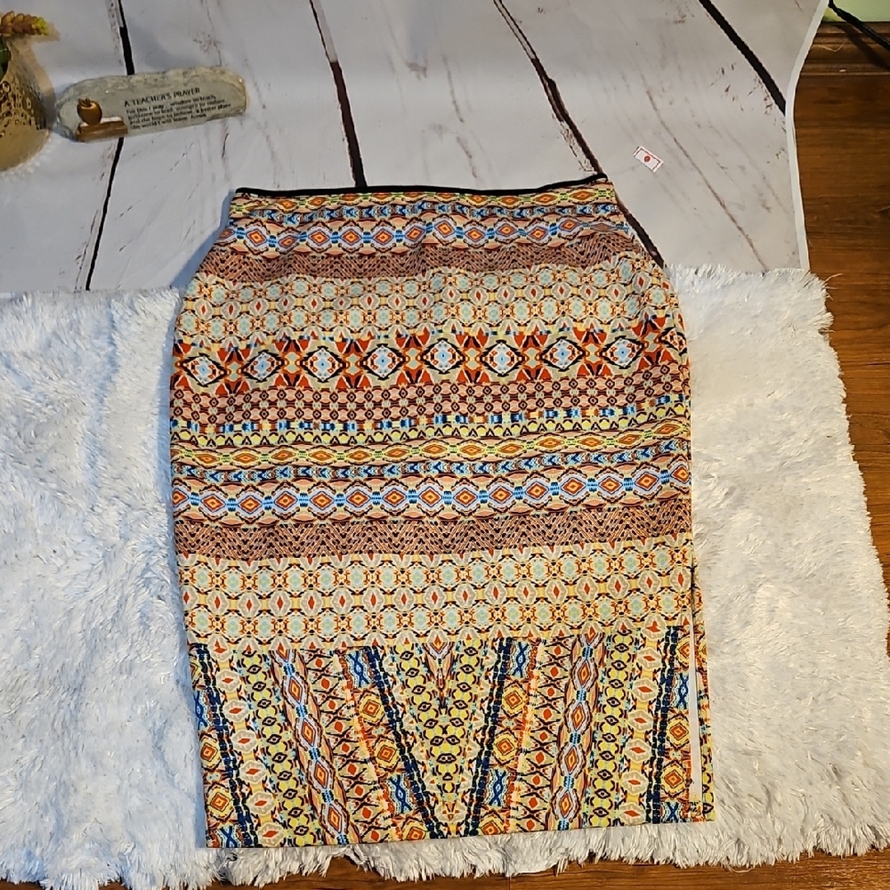 Bisou Bisou Skirt Womens Large Multicolor Geometric Stretch Bodycon boho Nwt